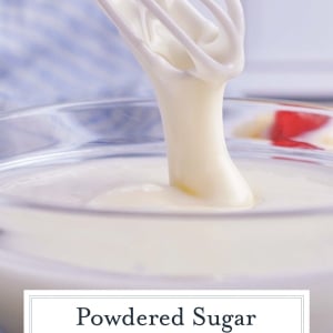 drizzling whisk icing into bowl with text overlay