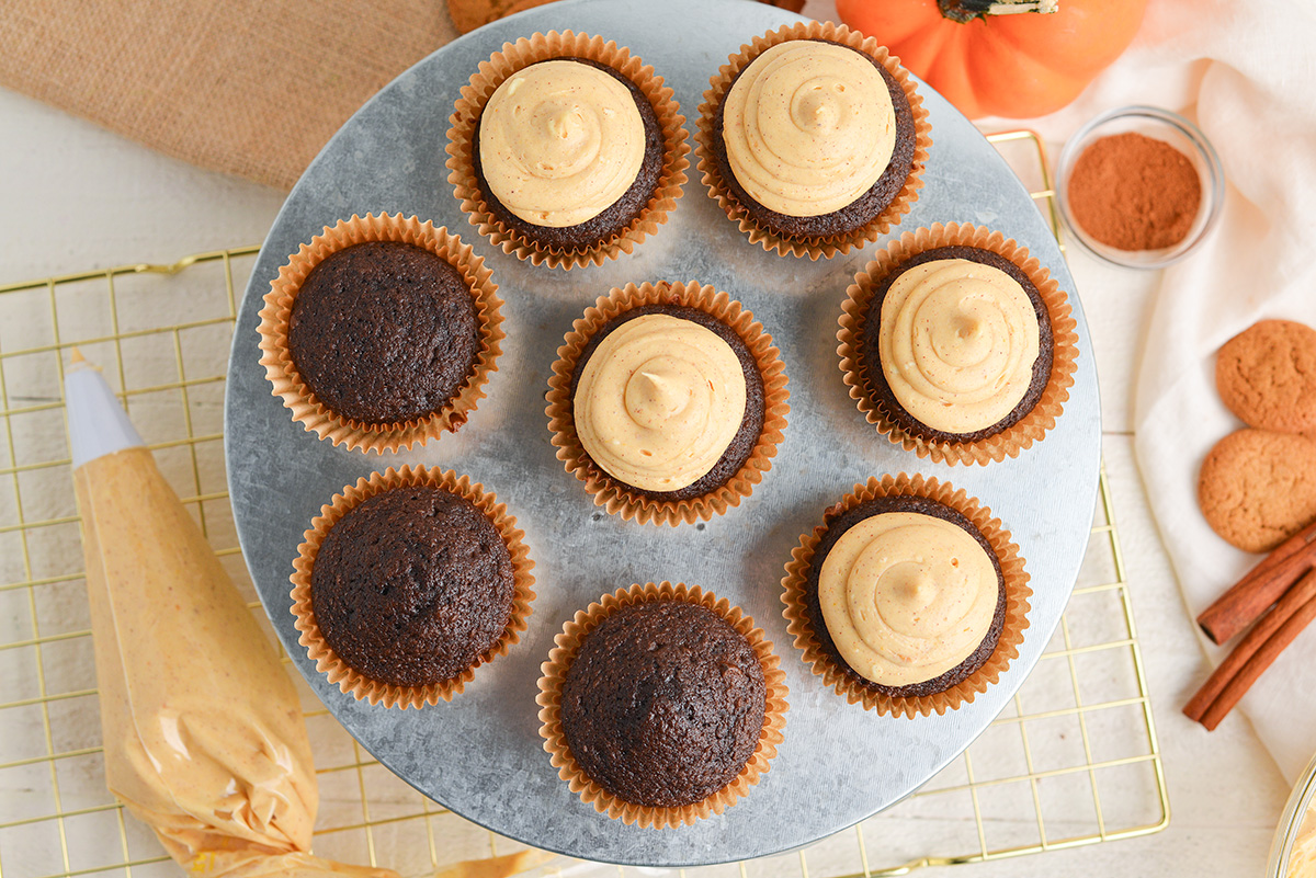 overhead shot of pumpkin cream cheese frosting piped onto chocolate cupcakes