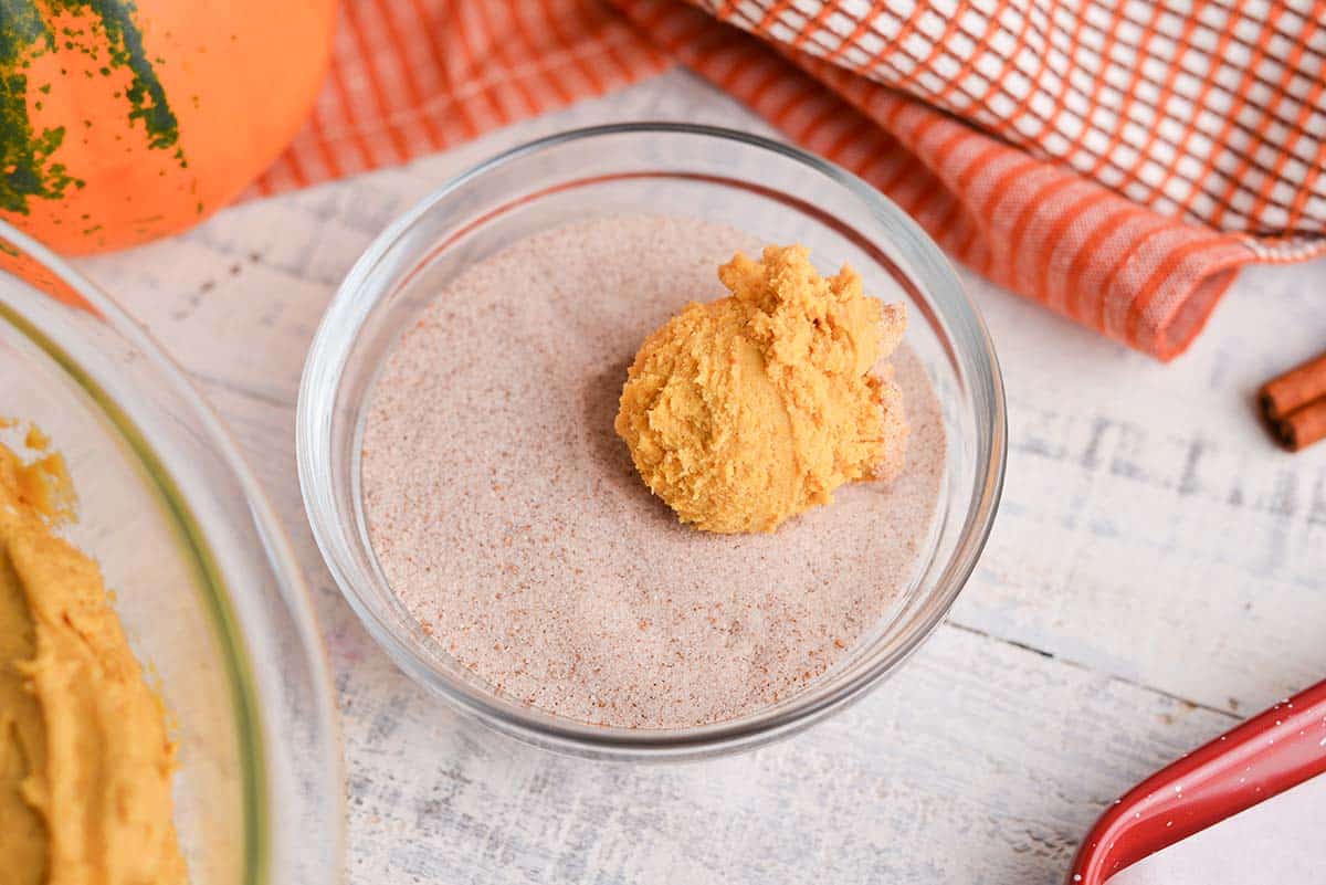 cookie dough in bowl of cinnamon sugar