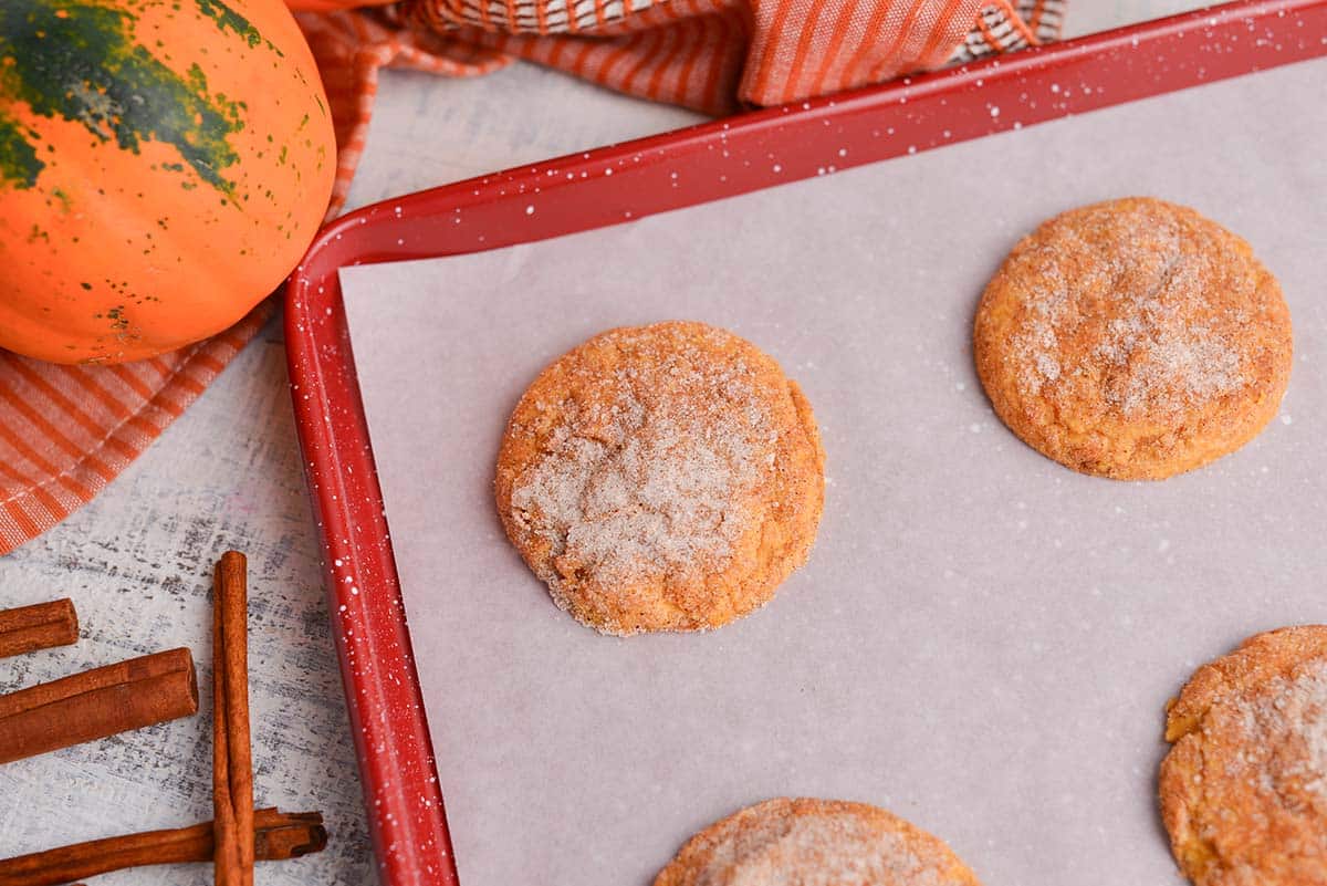 pumpkin snickerdoodles on baking sheet