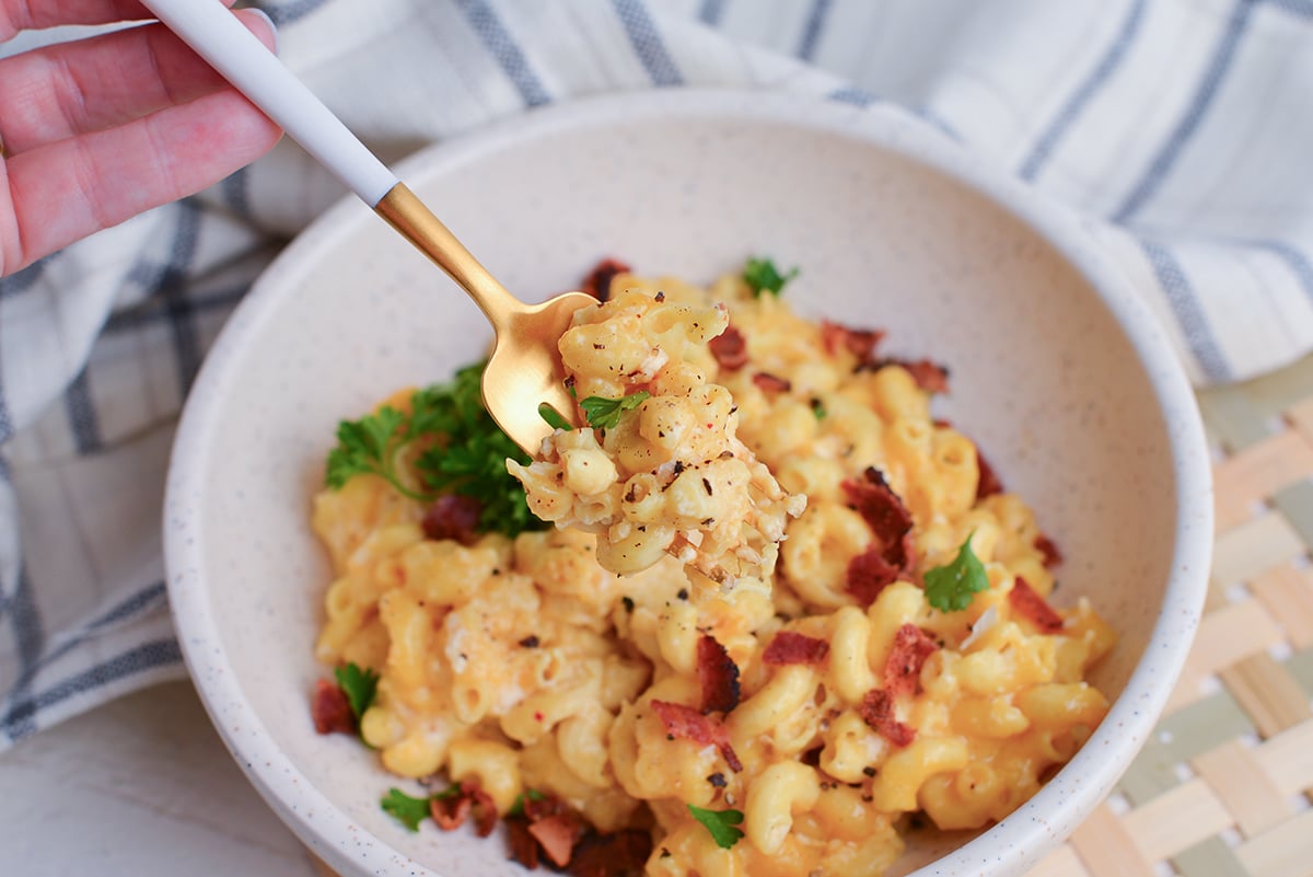 close up of bite of mac and cheese on fork