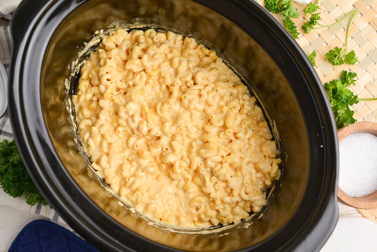 overhead shot of crock pot mac and cheese