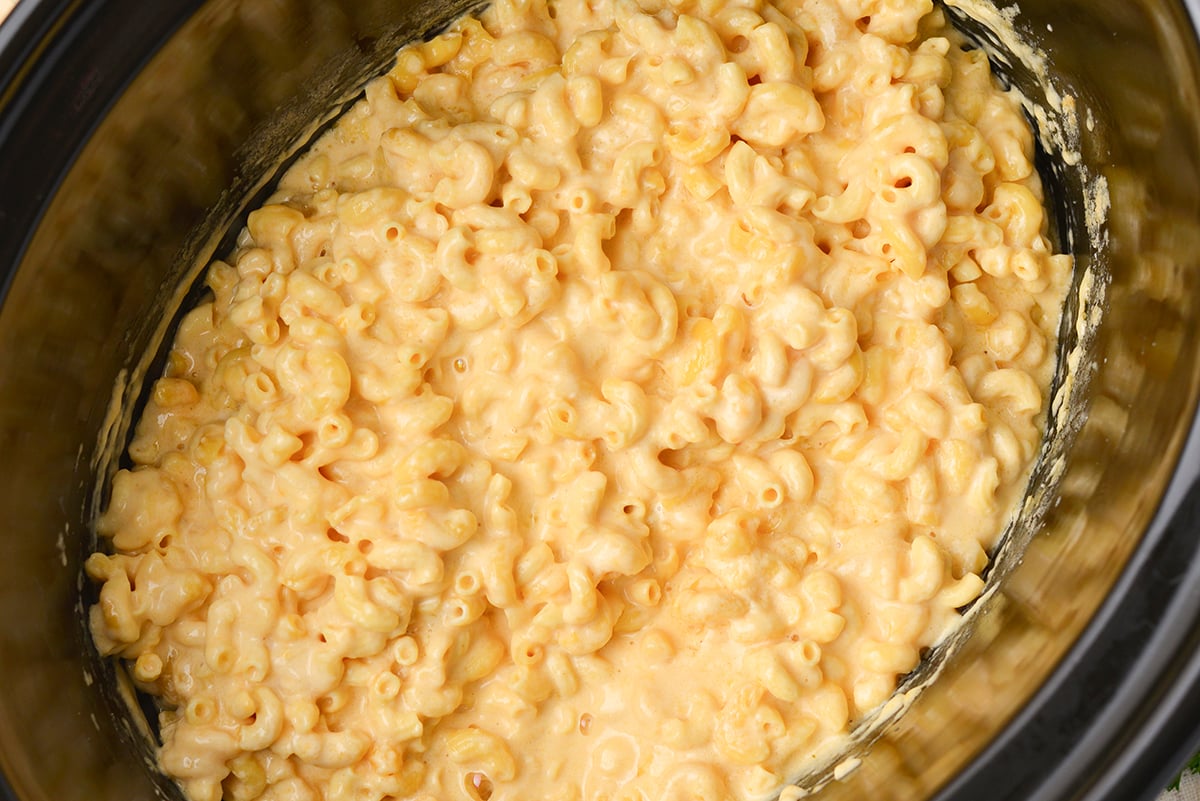 overhead shot of mac and cheese in crock pot