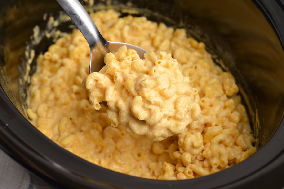 angled shot of serving spoon full of creamy mac and cheese