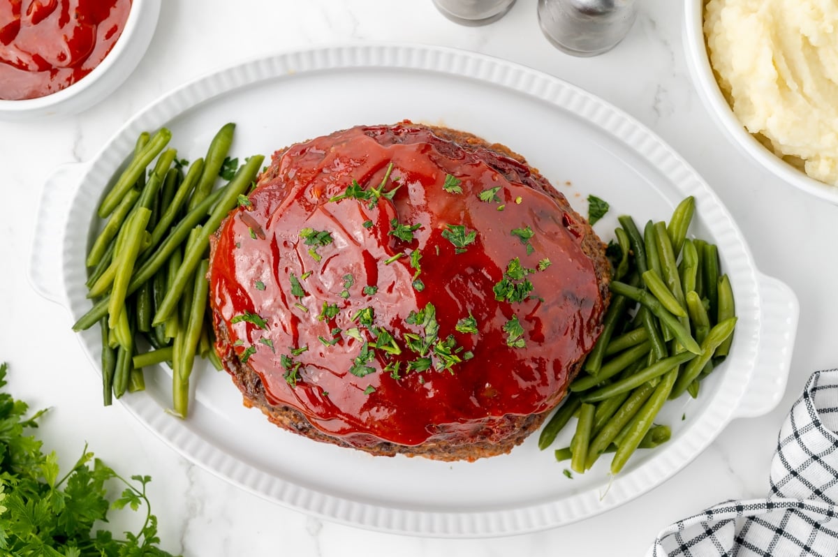 overhead shot of platter of slow cooker meatloaf