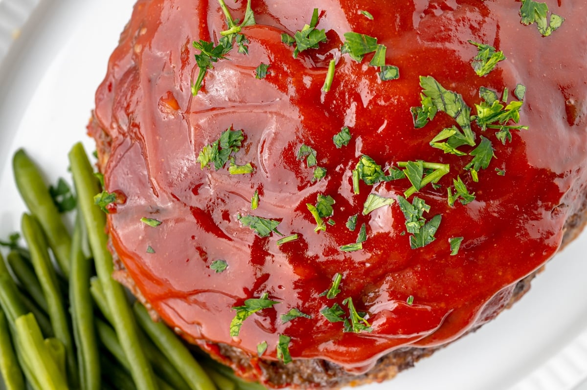 overhead shot of sauce on meatloaf