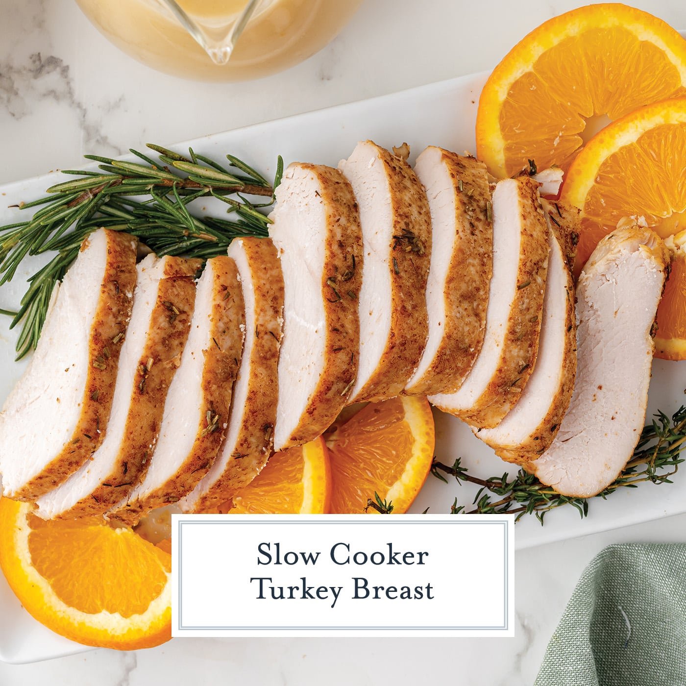 overhead shot of platter of sliced turkey breast with text overlay for facebook