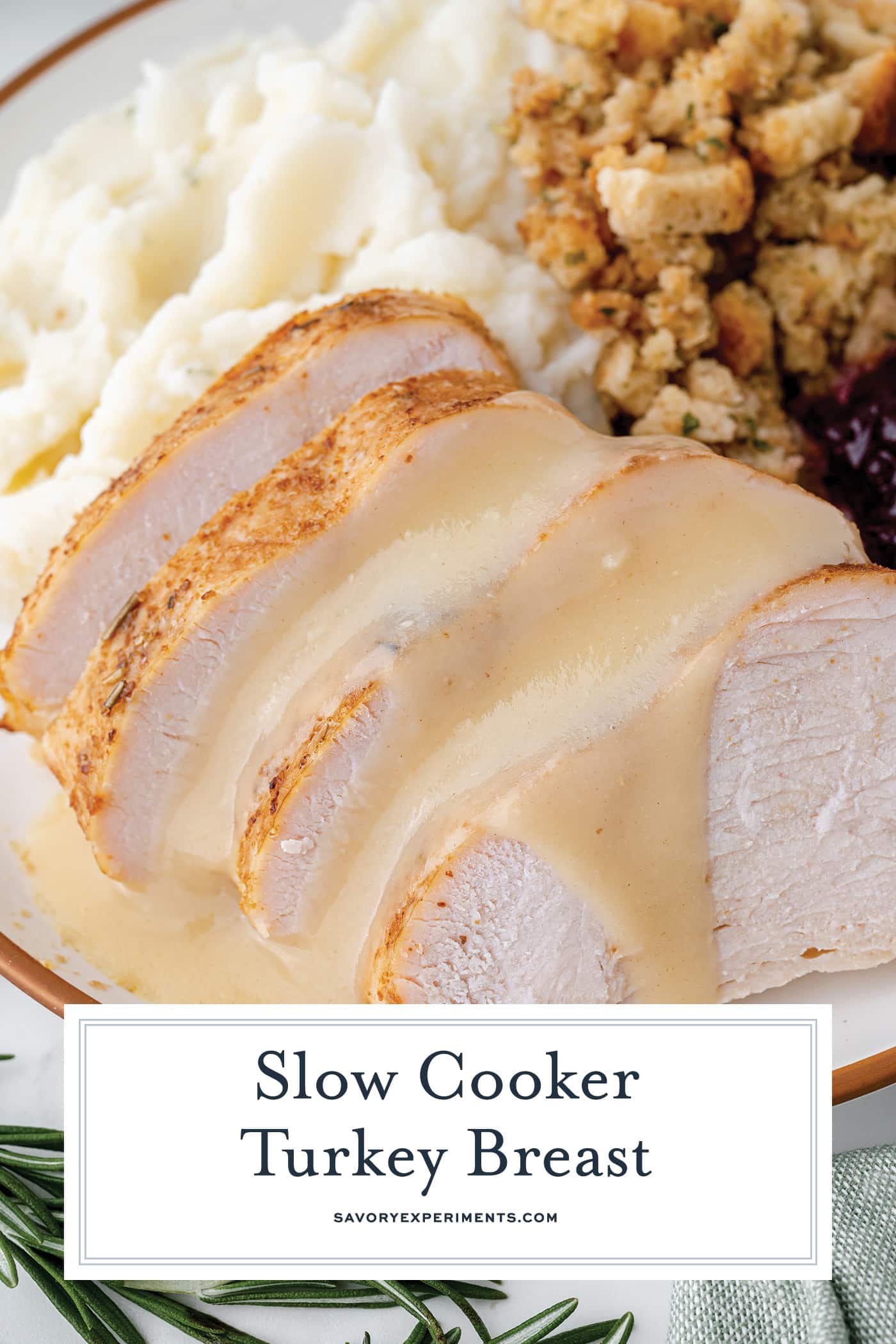 angled shot of sliced turkey breast topped with gravy with text overlay for pinterest