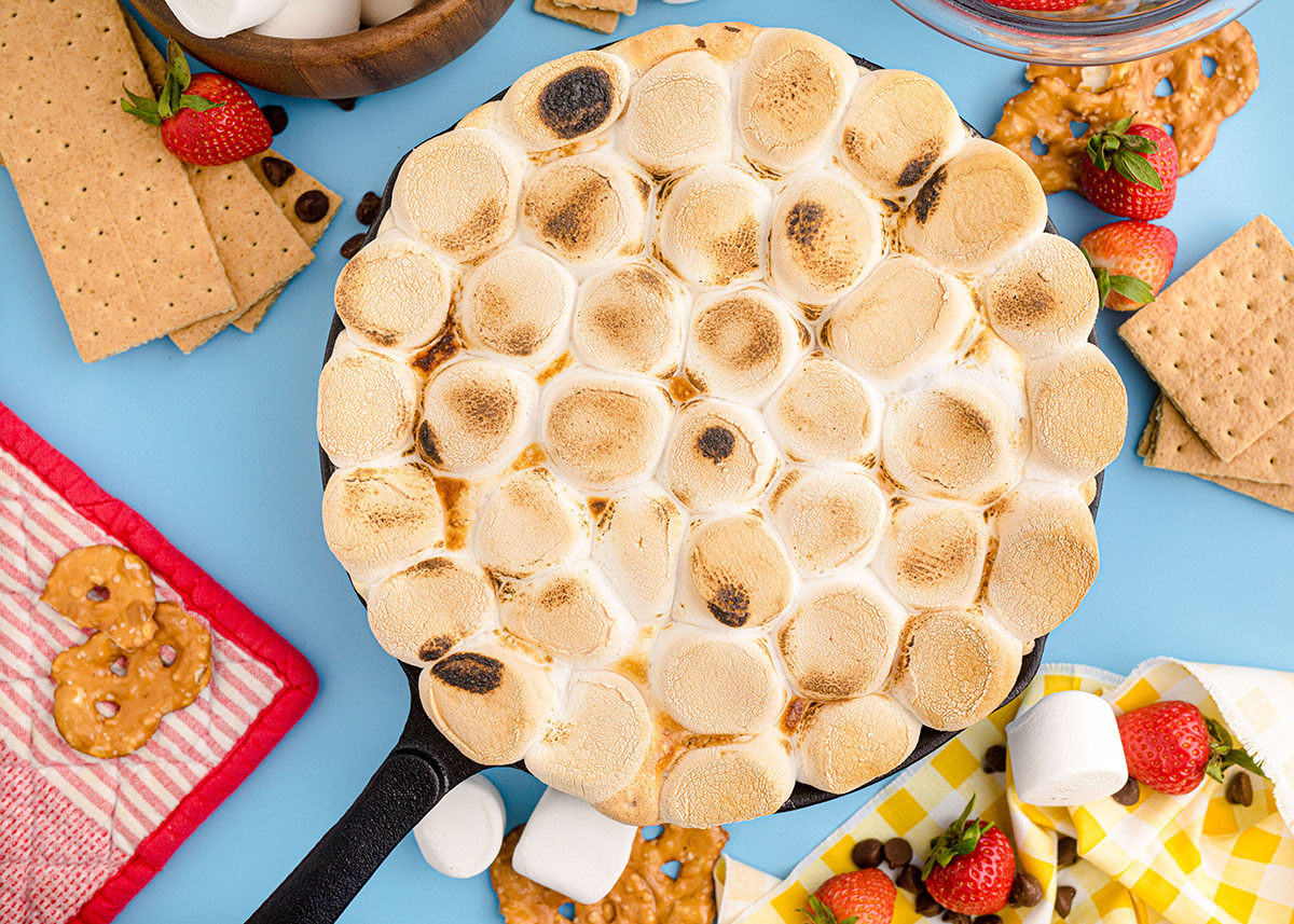 smores dip recipe with various dippers