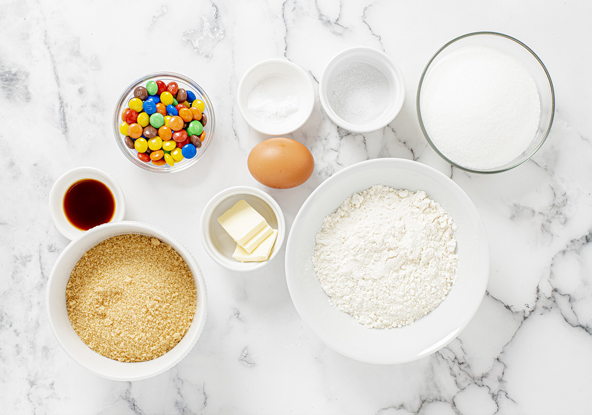 overhead shot of soft m&m cookies ingredients