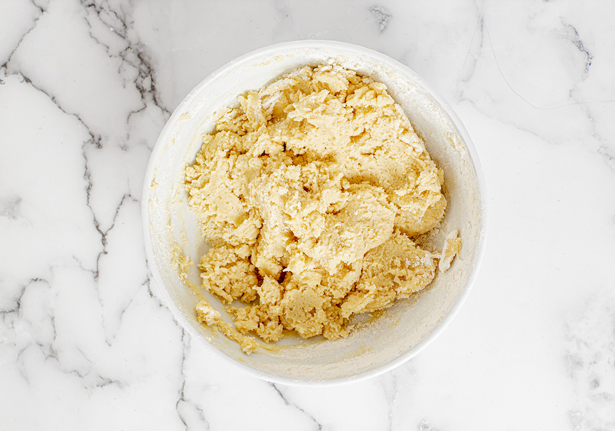 overhead shot of bowl of cookie dough