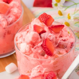 angled shot of cup of strawberry fluff