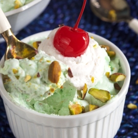 angled shot of bowl of watergate salad