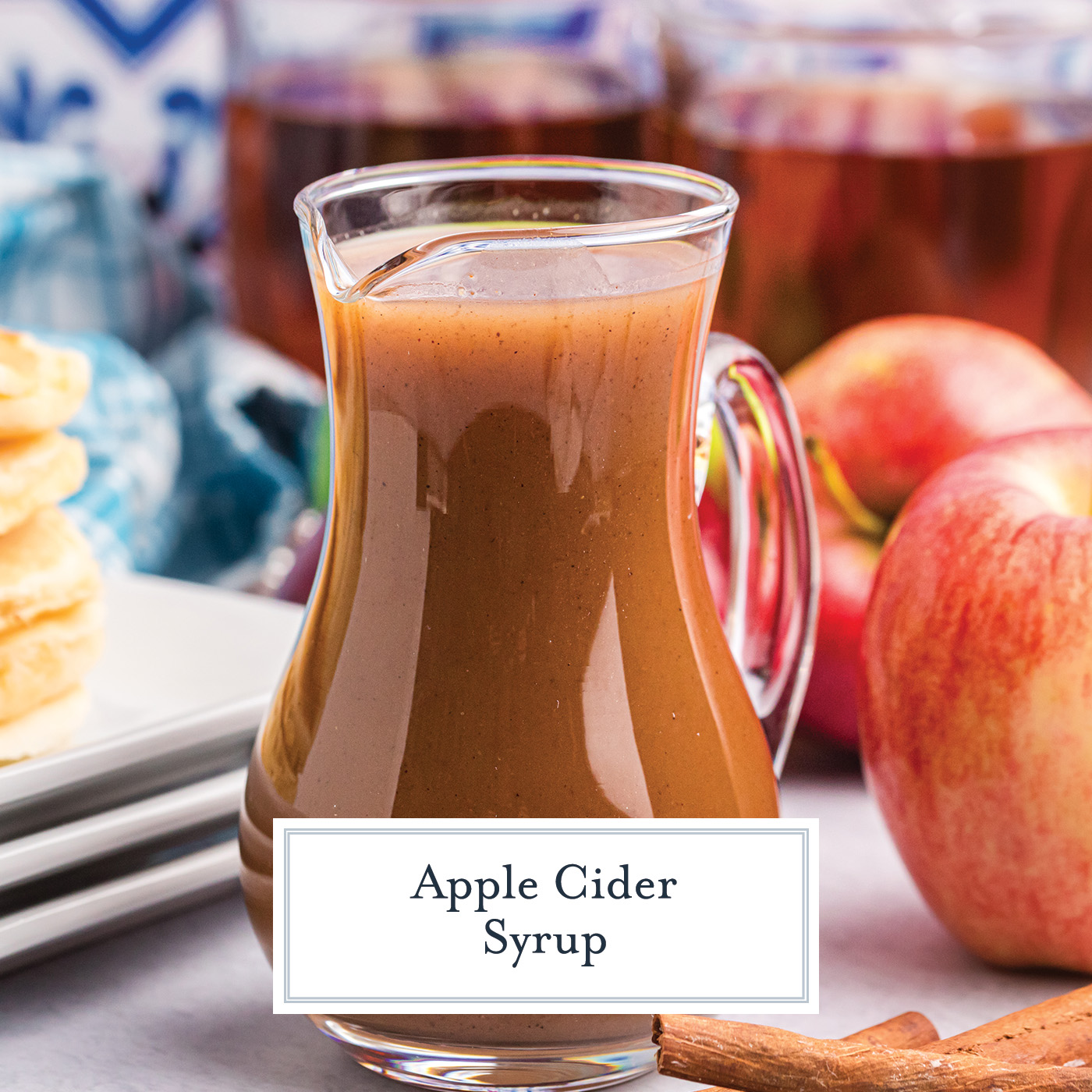 straight on shot of apple cider syrup with text overlay for facebook