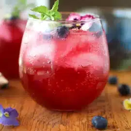straight on shot of blueberry gin cocktail