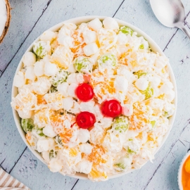 overhead shot of hawaiian ambrosia salad in a bowl