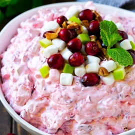 angled shot of bowl of cranberry fluff