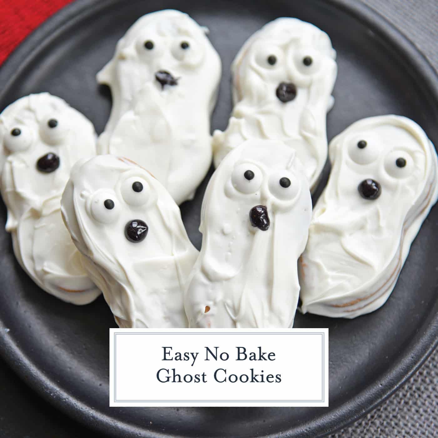 close up shot of plate of ghost cookies with text overlay for facebook