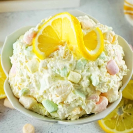 angled shot of bowl of lemon fluff