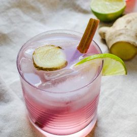 angled shot of rhubarb ginger gin rickey