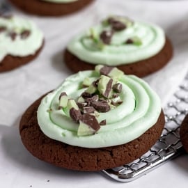 angle close up of an andes mint cookie with mint crumbles on top