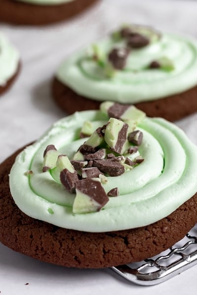 angle close up of an andes mint cookie with mint crumbles on top