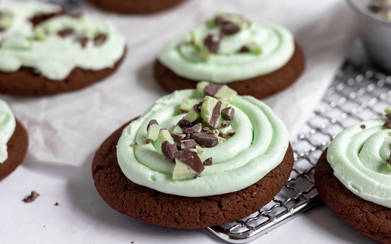 angle close up of an andes mint cookie with mint crumbles on top