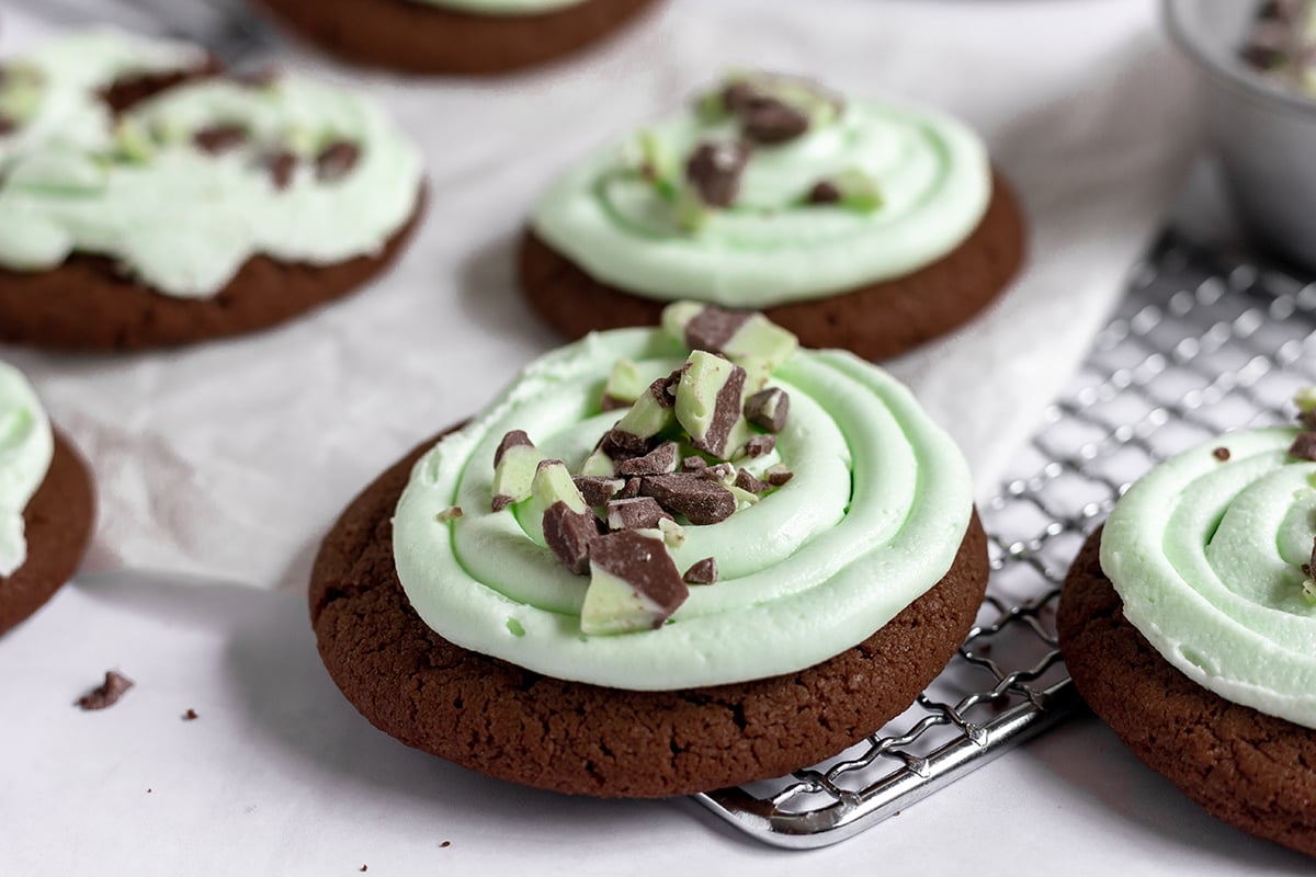 angle close up of an andes mint cookie with mint crumbles on top