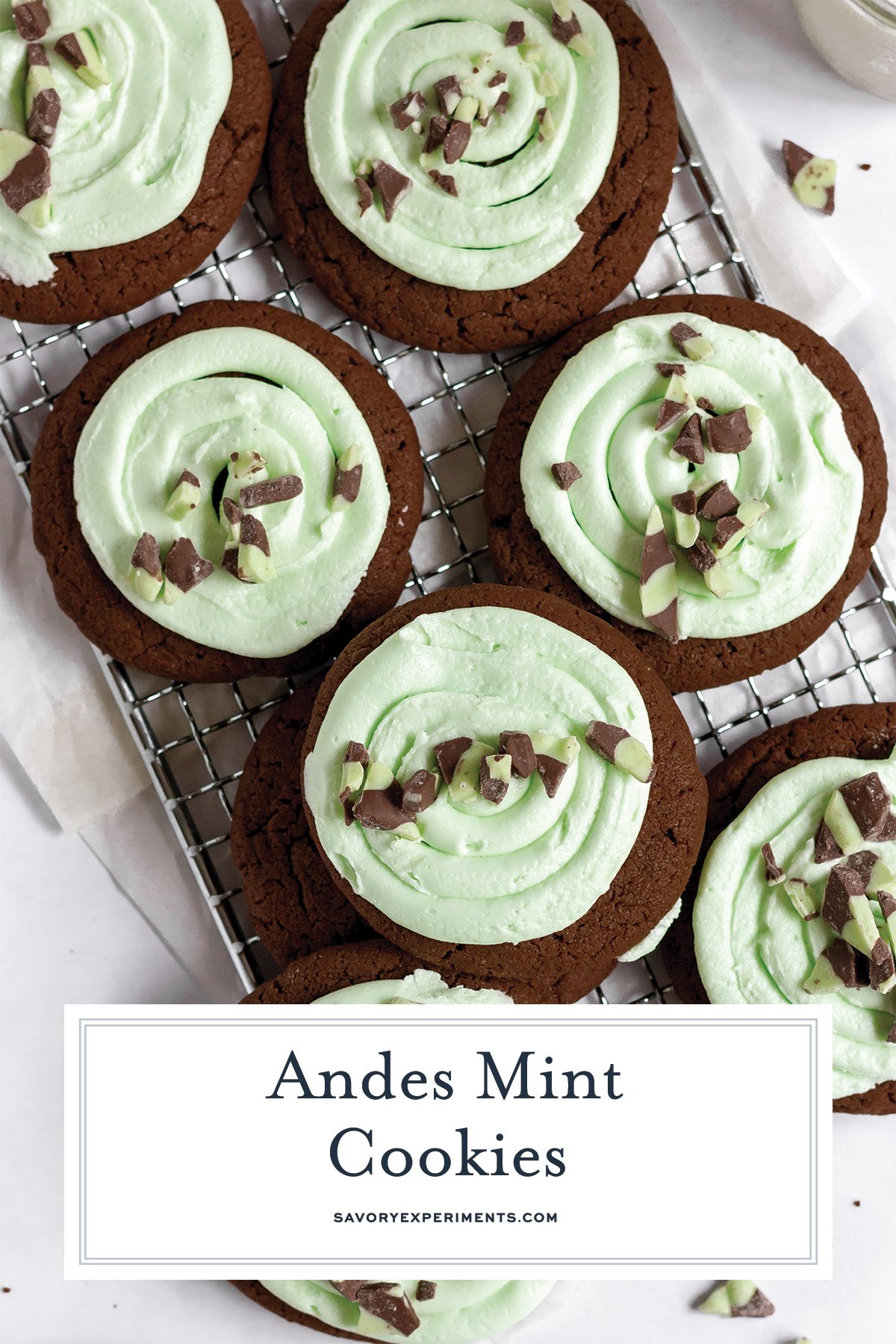 overhead of mint chocolate cookies with frosting
