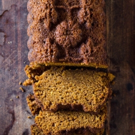 overhead shot of sliced apple cider pumpkin bread