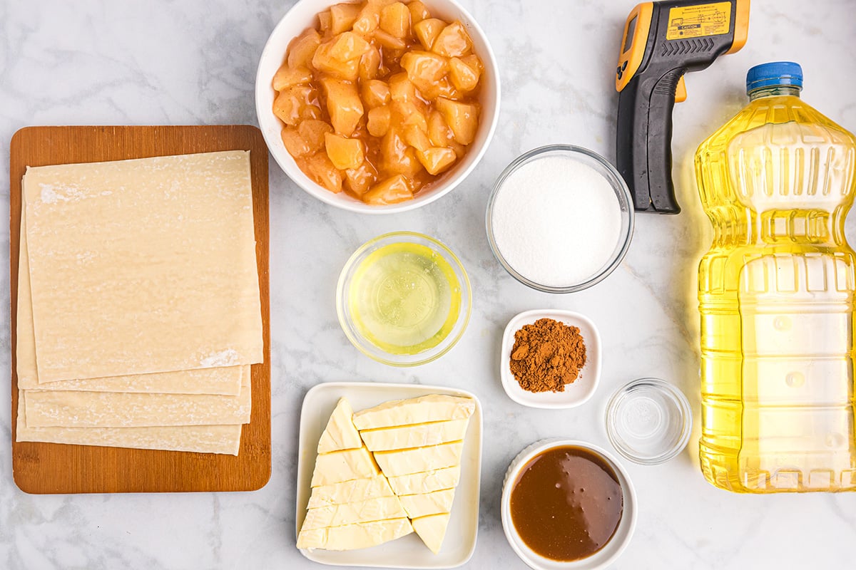 overhead shot of apple pie egg roll ingredients