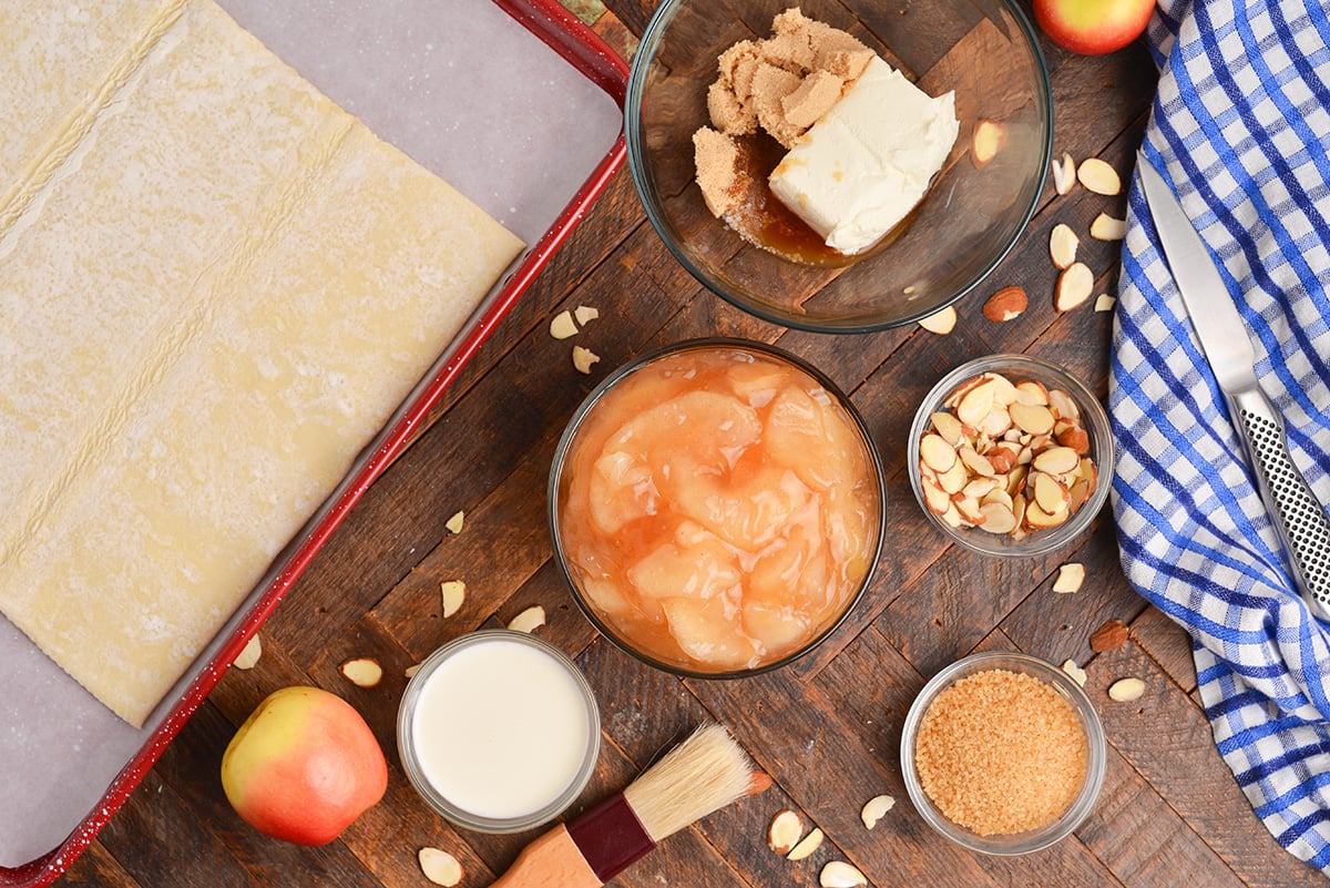 overhead shot of apple puff pastry bread ingredients