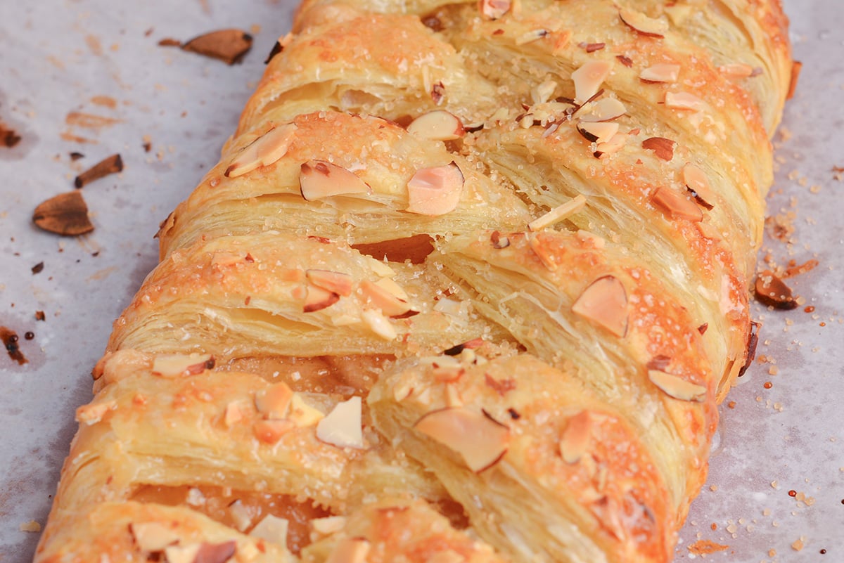 close up angled shot of baked apple strudel