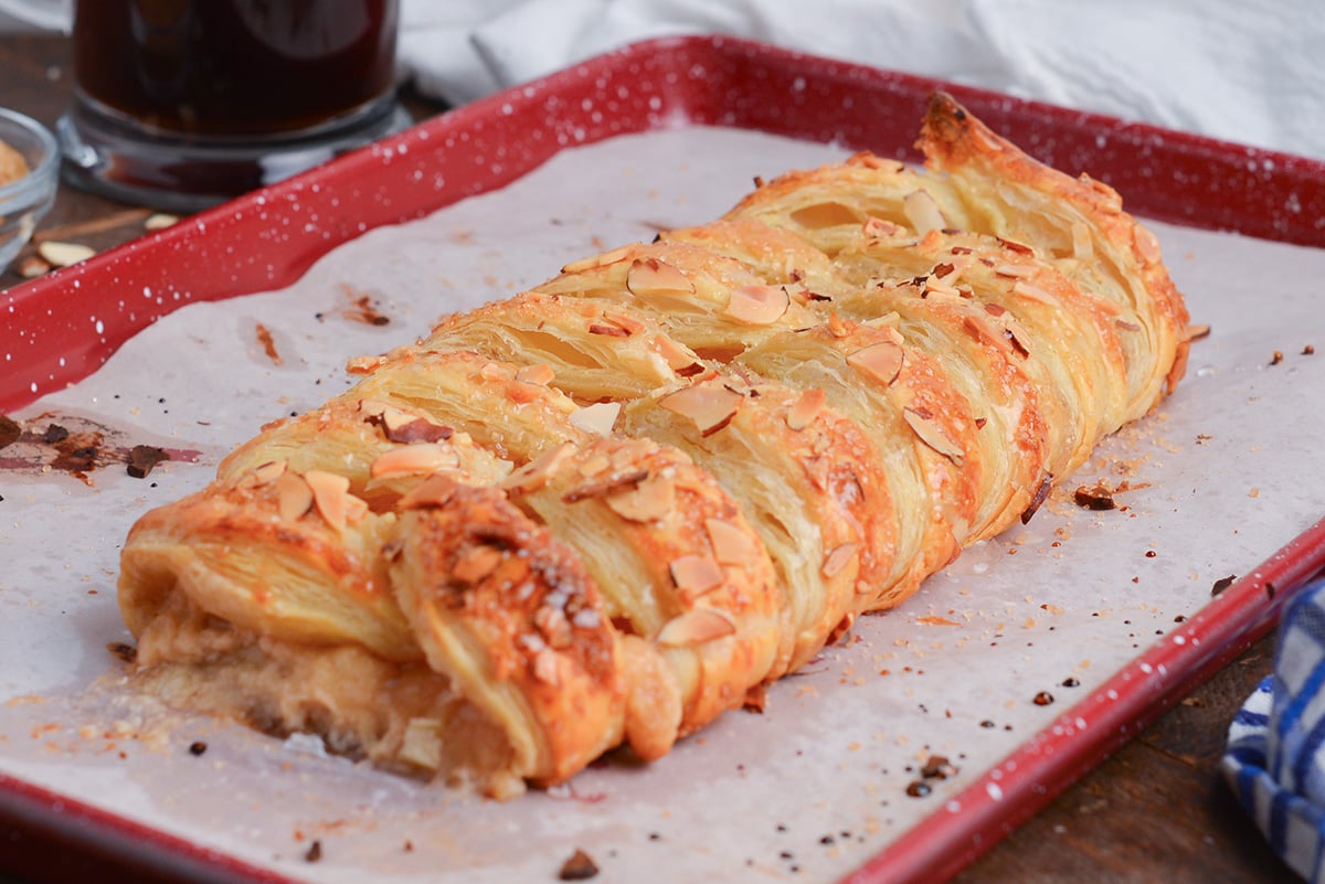 straight on shot of apple strudel on baking sheet