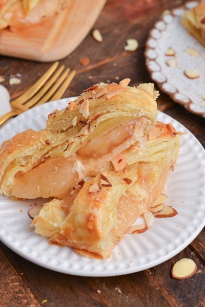 angled shot of slices of apple strudel on plate