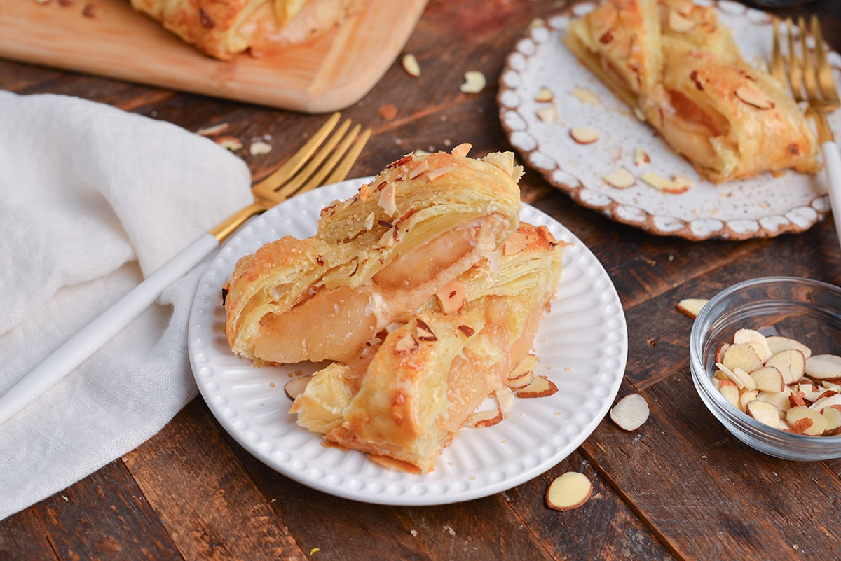 angled shot of slices of apple strudel on plate