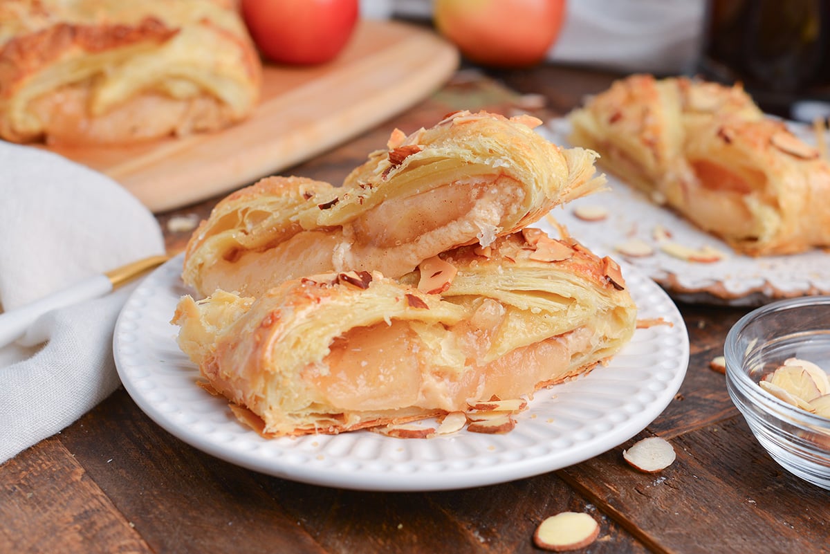 straight on shot of slices of apple strudel on plate