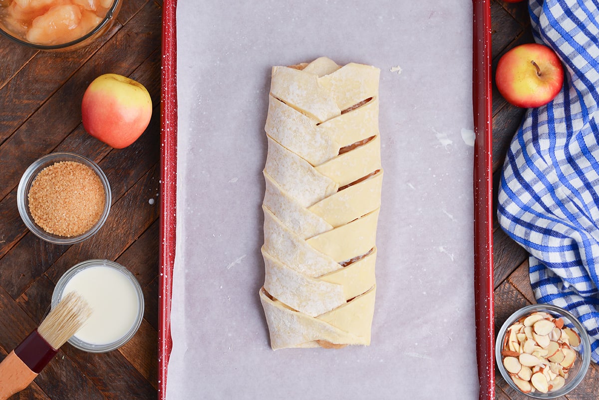 overhead shot of unbaked apple strudel