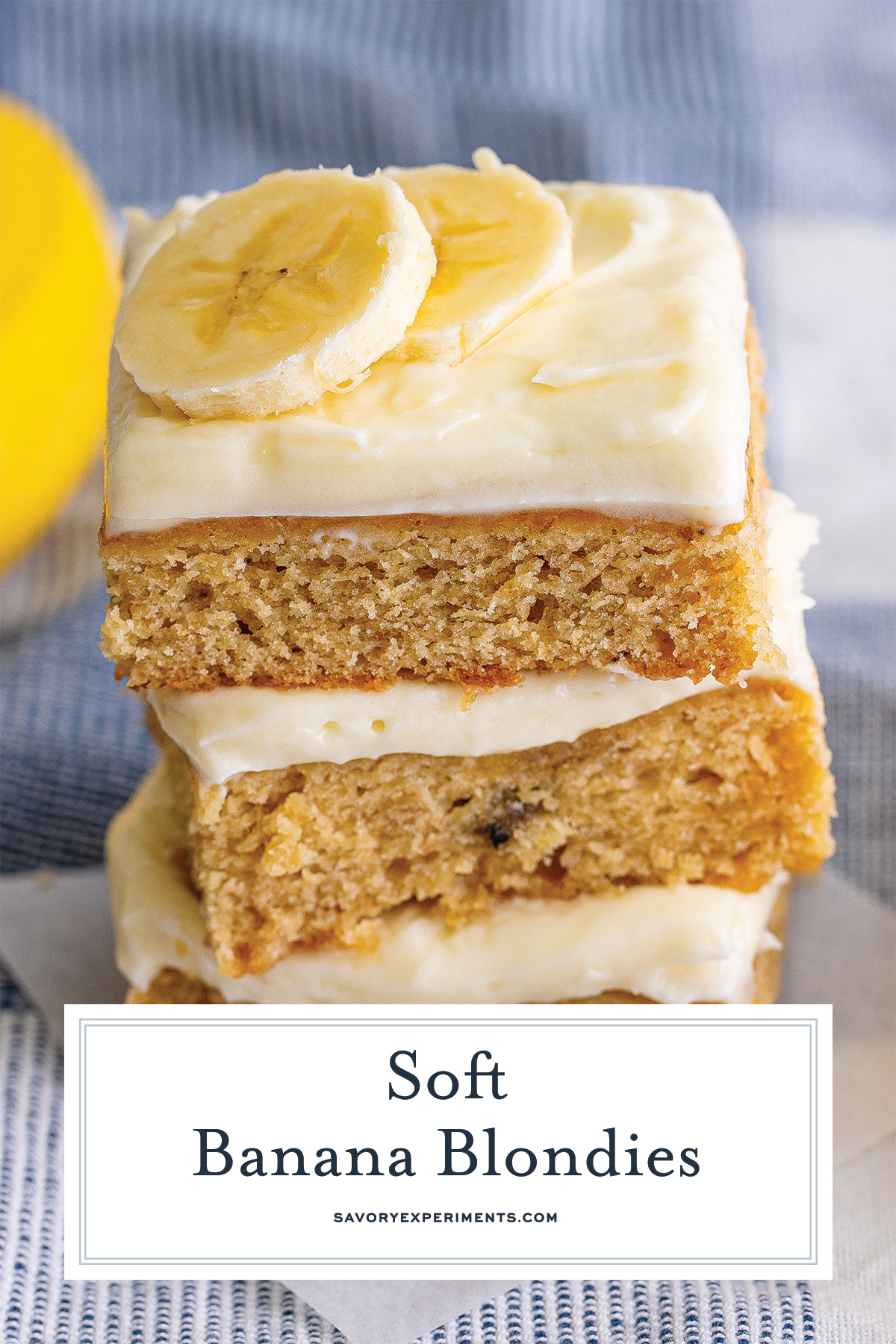 close up of stack of banana blondie recipe