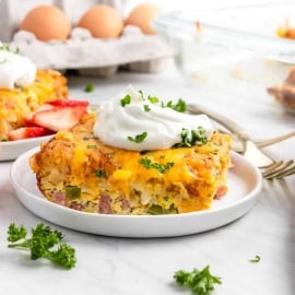 angled shot of plate of breakfast casserole