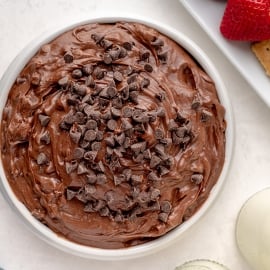 overhead bowl of brownie batter dip topped with mini chocolate chips