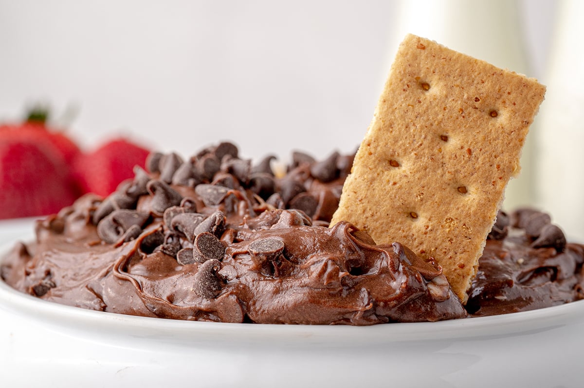 graham cracker dipped into brownie dip