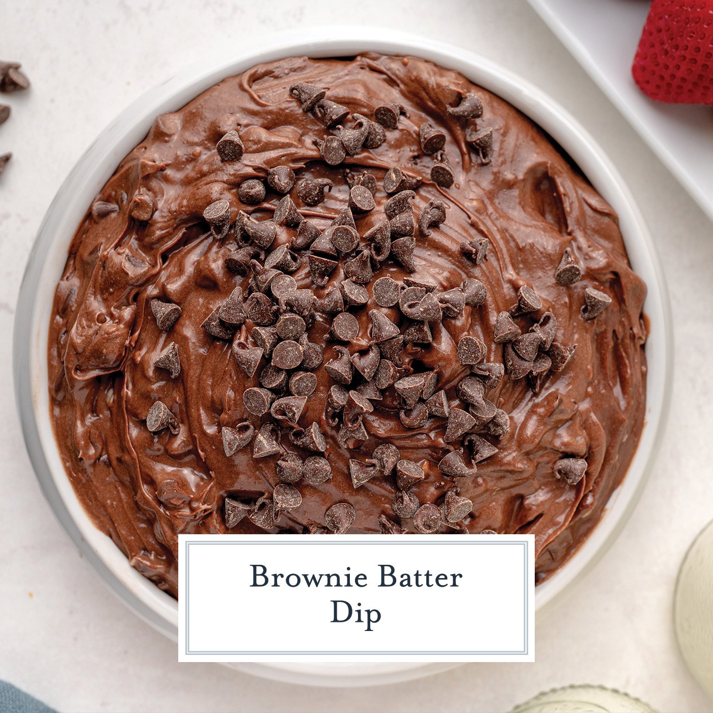 overhead bowl of brownie batter dip with text overlay