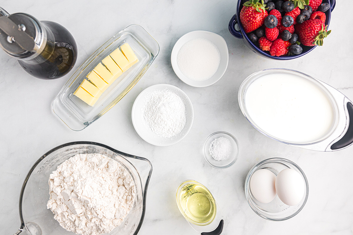 overhead shot of buttermilk pancakes ingredients