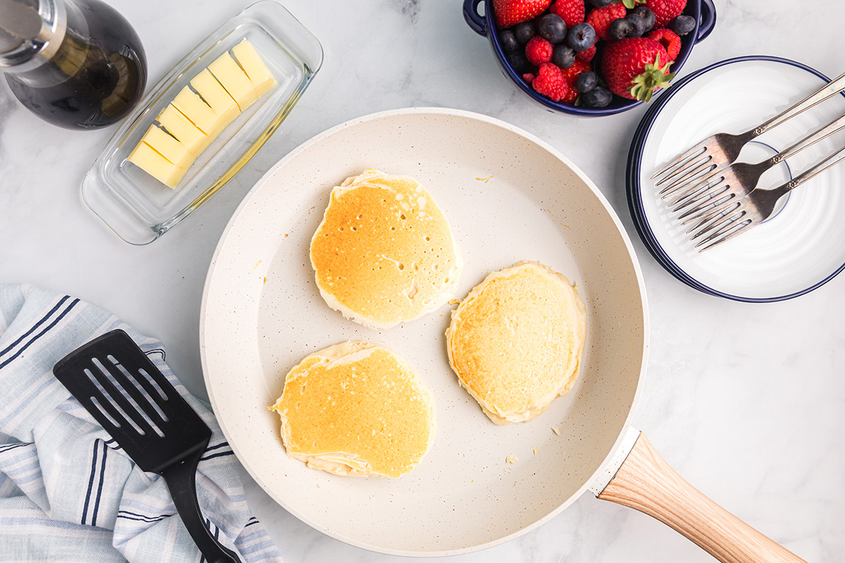 three pancakes in pan