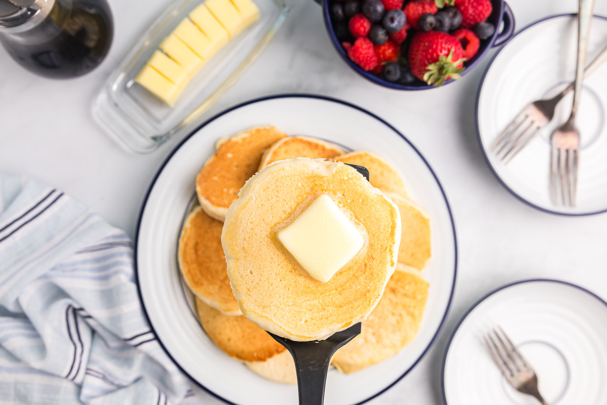 overhead shot of pancake on spatula