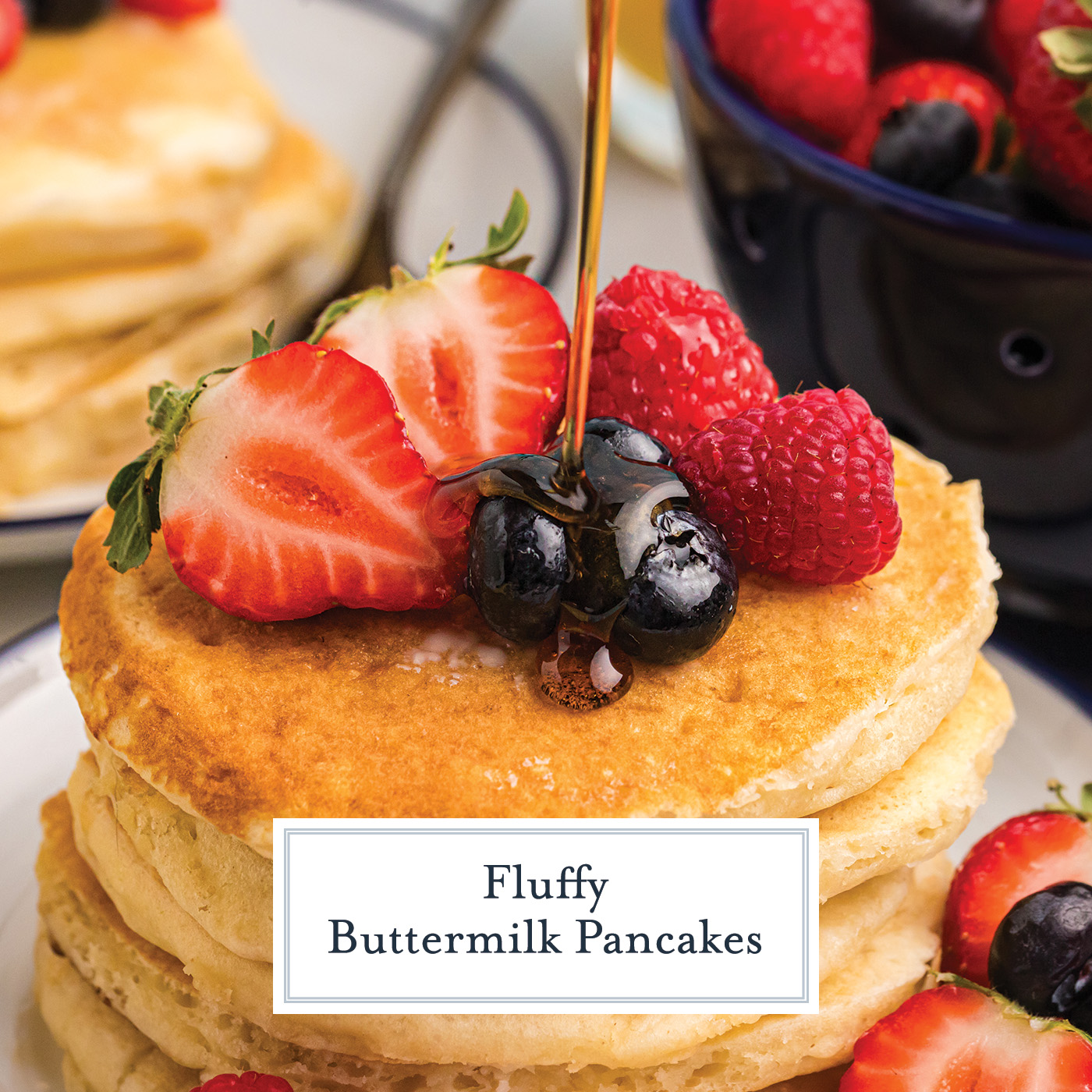 syrup poured onto stack of buttermilk pancakes with text overlay for facebook