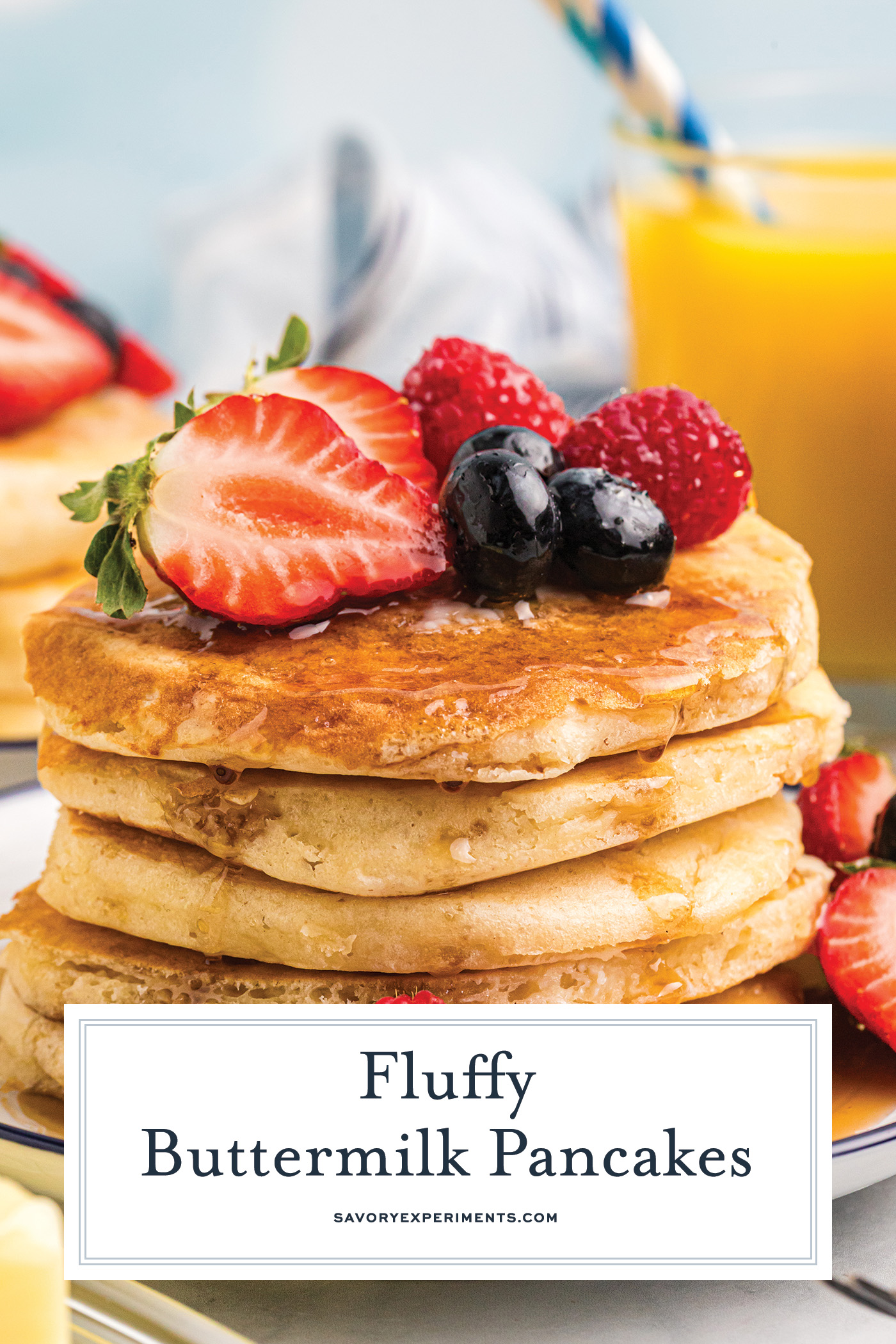 straight on shot of stack of buttermilk pancakes with text overlay for pinterest