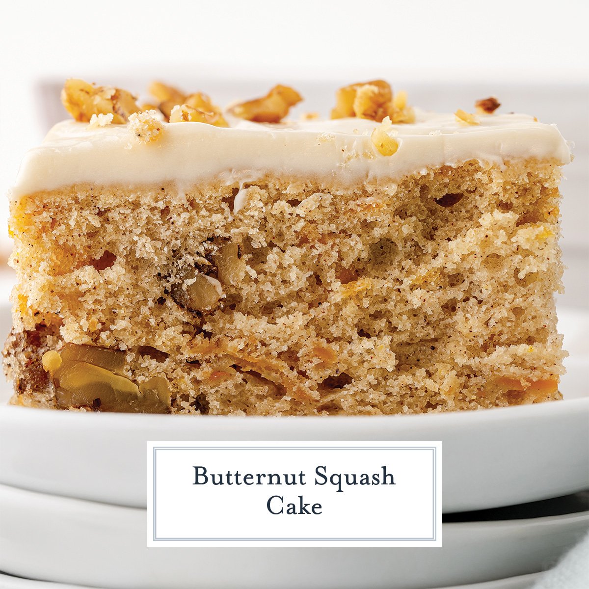 slice of butternut squash cake with maple cream cheese frosting and text overlay