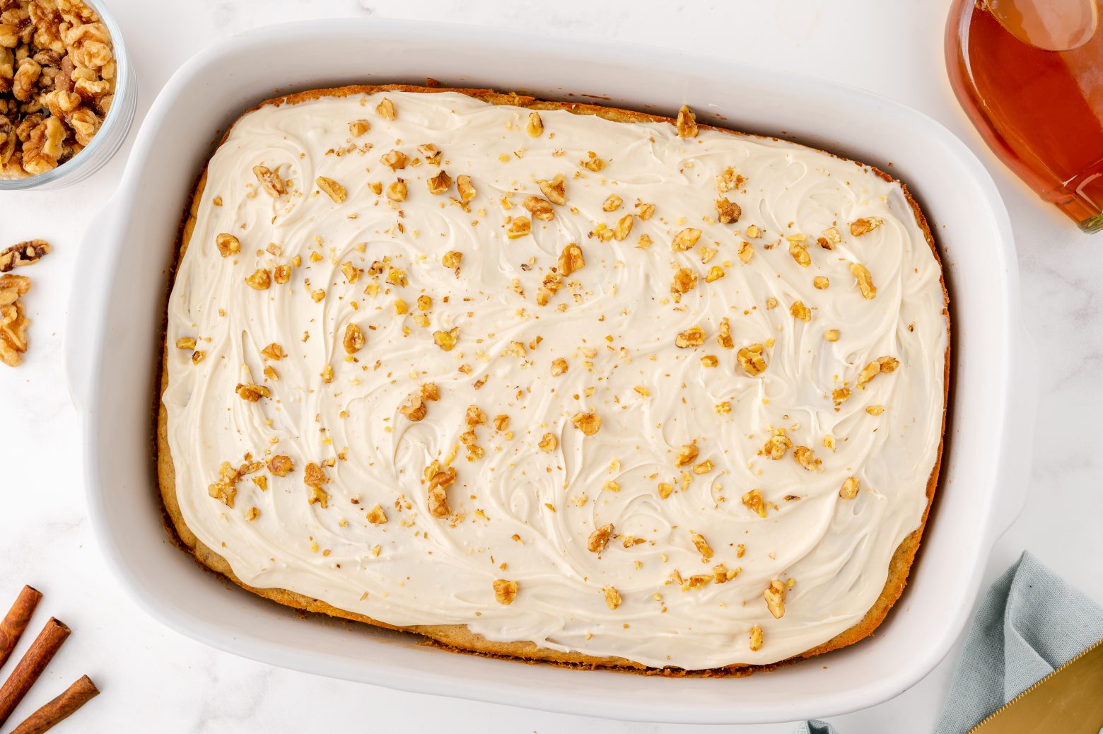 overhead of butternut squash cake with maple cream cheese frosting
